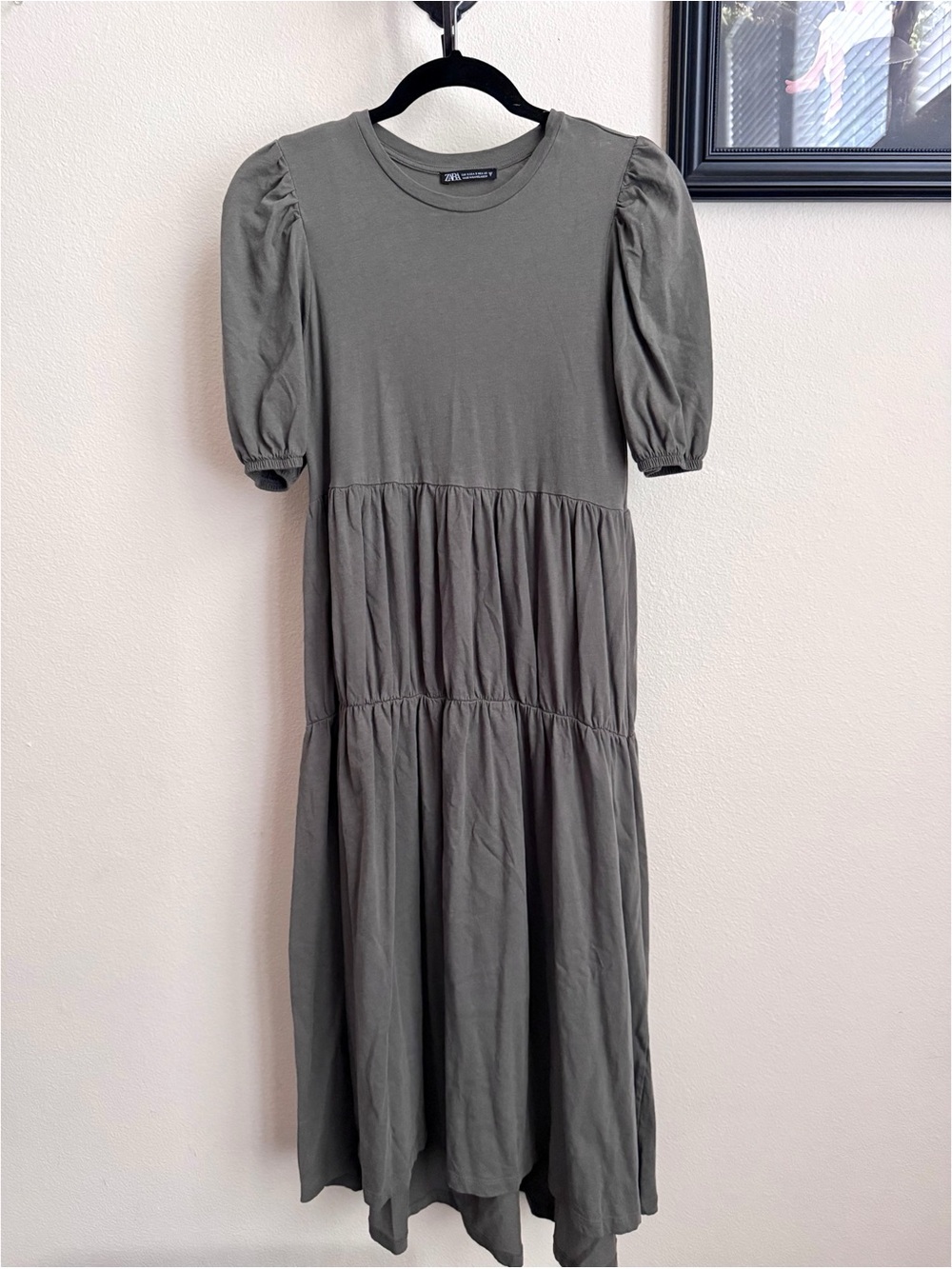 Zara Olive Green Puff Sleeve Tiered Midi Dress